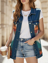 PATTERN BLOCK BUTTON DOWN CASUAL DENIM VEST