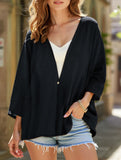 V-neck loose mid-length sleeve cardigan