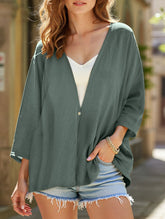 V-neck loose mid-length sleeve cardigan