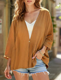 V-neck loose mid-length sleeve cardigan