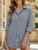 Striped lapel long-sleeved cardigan shirt