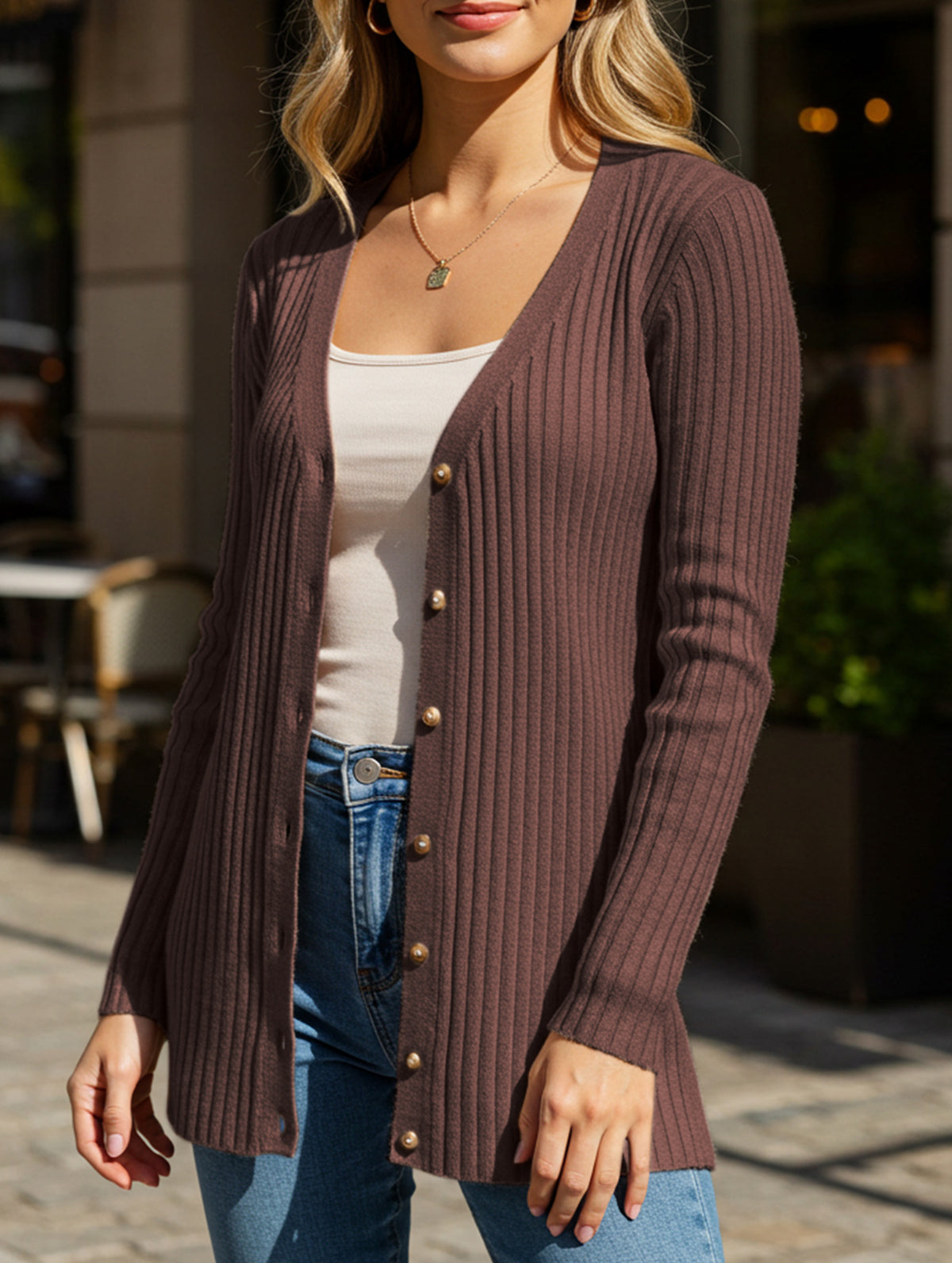 Solid color women's ribbed long-sleeved cardigan