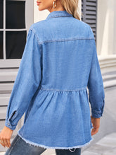 Washed long-sleeved raw-edge denim shirt top