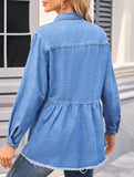 Washed long-sleeved raw-edge denim shirt top