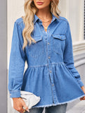 Washed long-sleeved raw-edge denim shirt top