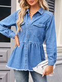 Washed long-sleeved raw-edge denim shirt top