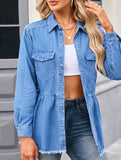 Washed long-sleeved raw-edge denim shirt top