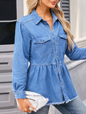 Washed long-sleeved raw-edge denim shirt top