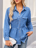 Washed long-sleeved raw-edge denim shirt top