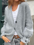 Simple button solid color long-sleeved sweater