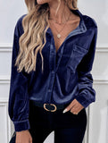 Solid color lapel lantern sleeve shirt