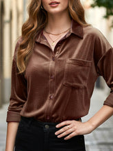 Solid color lapel lantern sleeve shirt