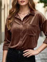 Solid color lapel lantern sleeve shirt