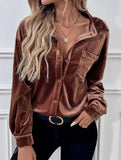 Solid color lapel lantern sleeve shirt
