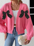 Women's Ribbon Bow Spliced Cardigan Sweater