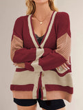 V-neck oversized colorblock cardigan sweater