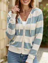 Cuffed Striped Contrast Sweater Zip-Up Cardigan