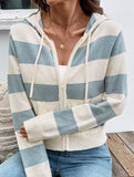 Cuffed Striped Contrast Sweater Zip-Up Cardigan
