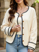 Loose crew neck contrast trim cardigan