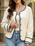 Loose crew neck contrast trim cardigan