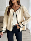 Loose crew neck contrast trim cardigan