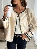 Loose crew neck contrast trim cardigan