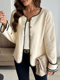 Loose crew neck contrast trim cardigan