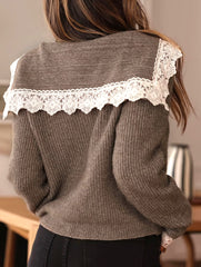 Lace-trimmed knitted cardigan sweater
