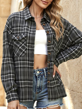 Lapel Pocket Plaid Loose Long Sleeve Cardigan
