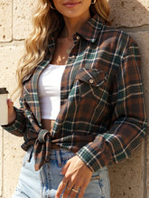 Lapel Pocket Plaid Loose Long Sleeve Cardigan