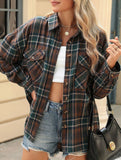 Lapel Pocket Plaid Loose Long Sleeve Cardigan