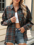 Lapel Pocket Plaid Loose Long Sleeve Cardigan