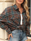 Lapel Pocket Plaid Loose Long Sleeve Cardigan
