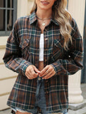 Lapel Pocket Plaid Loose Long Sleeve Cardigan