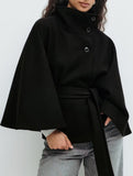 Cape stand collar button belt trench coat