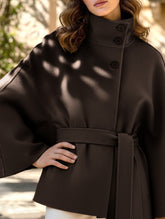 Cape stand collar button belt trench coat
