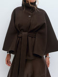Cape stand collar button belt trench coat