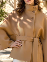 Cape stand collar button belt trench coat
