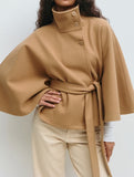 Cape stand collar button belt trench coat