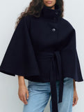 Cape stand collar button belt trench coat