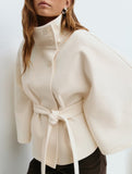 Cape stand collar button belt trench coat