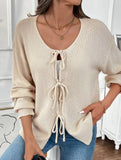 Casual lazy lace-up round neck solid color sweater
