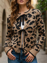 Crew neck tie cardigan leopard print sweater
