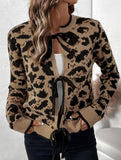Crew neck tie cardigan leopard print sweater