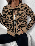 Crew neck tie cardigan leopard print sweater