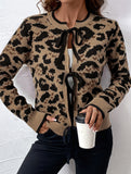 Crew neck tie cardigan leopard print sweater