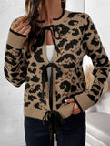 Crew neck tie cardigan leopard print sweater