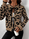 Crew neck tie cardigan leopard print sweater