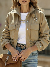 High collar single-breasted zip-up cropped jacket