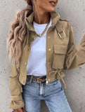 High collar single-breasted zip-up cropped jacket